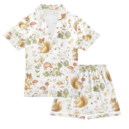 senya Lovely Squirrel Wild Flowers Satin Summer Pajama Sets Silk Short Sleeve Button Down Sleepwear