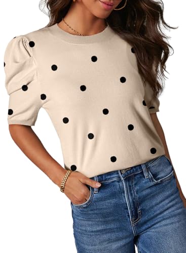 Dokotoo Knit Tops for Women 2026 Trendy Casual Crewneck Polka Point Tops Puff Sleeve Slim Fit Summer Sweaters Color Block Business Outfits Apricot White XX-Large