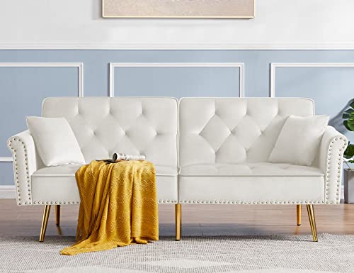 Hansones Velvet Futon Sofa Bed,Convertible Sofa Bed With Adjustable Backrest Angles,Sturdy Sleeper Sofa For Living Room And Bedroom，Cream White #TOP20