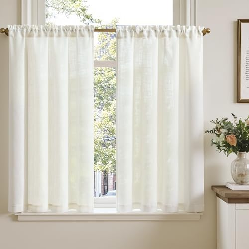 Topick Set De 2 Cortinas De Bisel Para Salón H115xb90 Cm, Cortinas De Visillo Con Aspecto De Lino, Para Cocina, Ventanas Pequeñas, Transparentes, Cortinas De Cocina, Cortas, Cortinas Modernas De