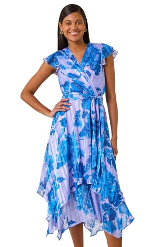 Roman Frill Dress for Women UK Ladies Summer Wrap Chiffon Frill Hem Layered Belted Midi Maxi Tiered Cape Special Occasion Fit & Flare Wedding Guest Swing Skater - Floral Blue - Size 16
