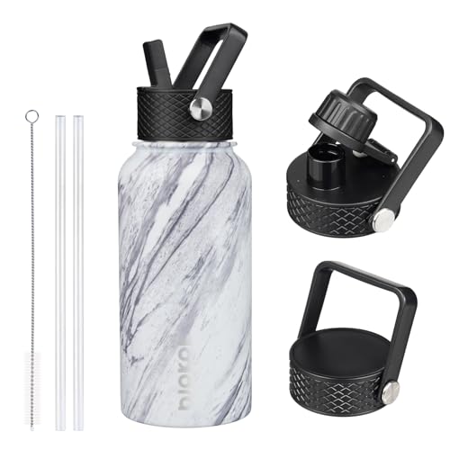Image of BJPKPK Insulated Water Bottles with Straw Lid, 27oz Stainless Steel Water Bottle with 3 Lids, Leak Proof BPA Free Metal Thermo, Mugs, Tumblers, Keep Cold Hot - Carrara Marble