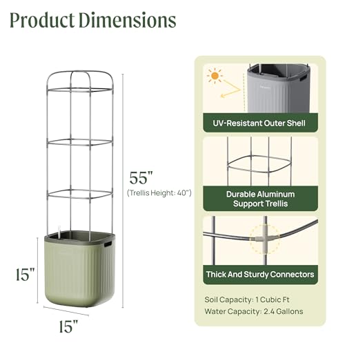 Vego garden Tomato Planter Box with Trellis Self-Watering Rolling Raised Garden Bed for Climbing Vegetables Plants Cage - Sage Green