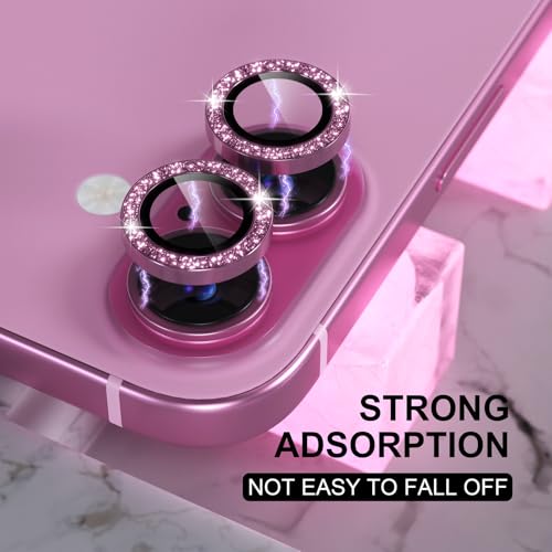 Choiche Compatible for iPhone 16 /iPhone 16 Plus Camera Lens Protector Bling, 9H Tempered Glass Camera Cover Screen Protector Metal Ring Decoration Accessories(Glitter-Pink)