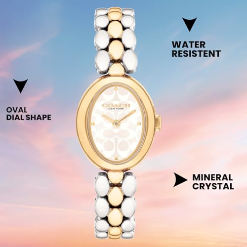 Image of Coach Sammy Qtz Basic Silver White Oval Dial Women's Watch|Stainless Steel & Ionic Plated Thin Gold Steel Material|Gold Color Band - 14504419