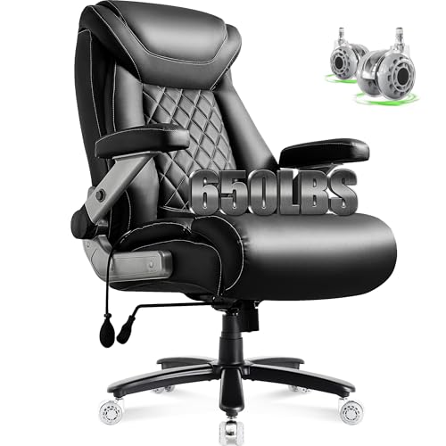 Large Big and Tall Office Chair 650lbs with Thick Spring Cushion, 5D Flip Arm Ergonomic Executive Office Chair Adjustable Lumbar Airbag&Extra Wide, Comfy Padded Heavy Duty Game Chair Dual Rubber Wheel