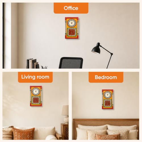 Image of AAKRITI ART CREATIONS Wall Clock Handcrafted Warli Art Yellow Dial with Glass Frame Red, Yellow | Wall Clock for Home, Home Decoration | Lightweight Wooden wall Decor | Matte Finish