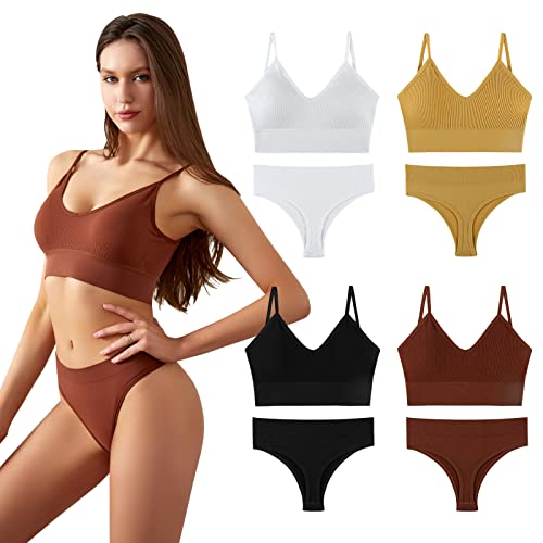 3-4 Pack V Neck Sport Bra and Thong Panties Set Cotton Push Up No Underwire Seamless Bralette for Women