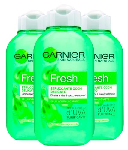 Garnier SkinActive Fresh Struccante Occhi Delicato Rimuove Trucco Waterproof con Estratto d'Uva Purificante per Pelli Normali e Miste - 3 Flaconi da 125ml