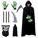 IKIJM Carnival Grim Reaper Costume Hooded Cape - Skull Face Mask - Skeleton Hand Gloves - and Grim Reaper Scythe - Cosplay Costume Props Grim Reaper Halloween Costumes for Teenager