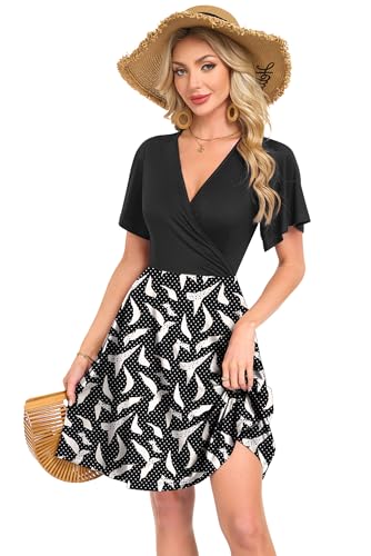 AUSELILY Damen Kleid Sommer Strandkleid Rüschenärmeln V-Ausschnitt Elastischer Taille und Taschen Swing Urlaubskleid Punkte Aprikose XXL 5