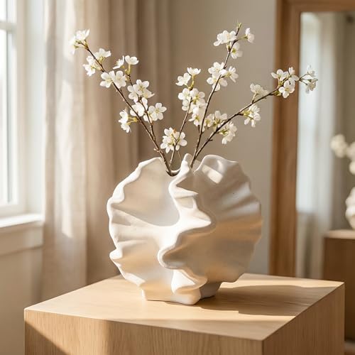 Cedilis Off White Ceramic Flower Vase, 6 Inch Decorative Aesthetic