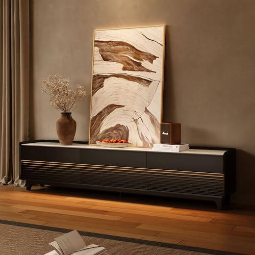 Image of POVISON Fully-Assembled Mid Century Glossy Sintered Stone TV Stand with Legs, Wood Media Console with Adjustable LED Light, Entertainment Center with Storage for Living Room