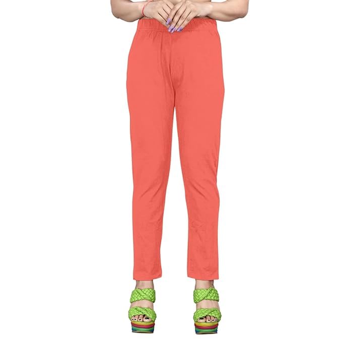 Image of Women's Solid Cotton Lycra Pants-High Waist Slim Fit Stretchable Leggings - Comfortable Long Trousers for Casual, Office & Everyday Wear