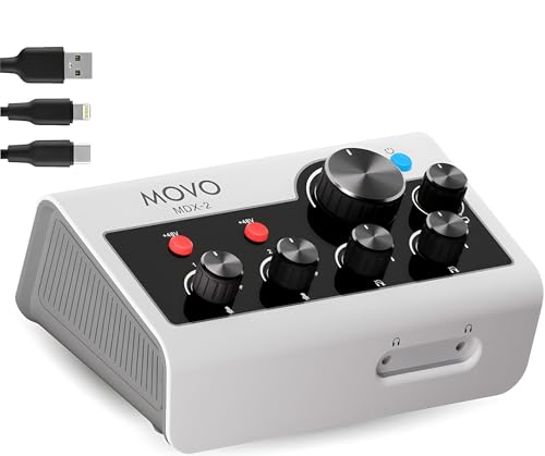 Movo MDX-2 - Interfaz de audio portátil de 2 canales, diseño compacto, funciona con pilas, compatible con PC, Mac, iPhone, iPad y Android, alimentación Phantom de 48 V, USB-A, USB-C y cables Lightning