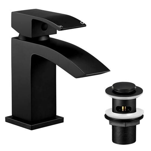 Wasserrhythm Robinets de lavabo avec bonde de vidage pop-up noire cascade carrée robinet d'évier de salle de bain mitigeur monobloc en laiton monobloc avec...