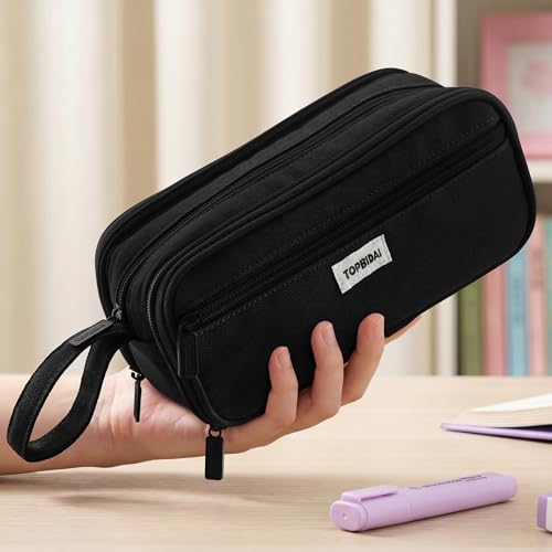 Image of TOPBIDAI Large Pencil Case Pouch for Girls Boy Women Men Adults | Big Capacity Canvas Pencil Bag, Office School Supplies, Multi Compartment Zipper Stationery Pen Box (Coal Black)