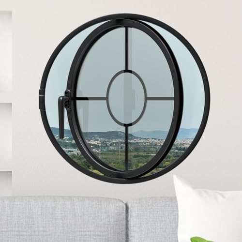 Clear Rotating Round Window, 23.6'' Porthole Window with Transparent Tempered Glass, Iron Frame Center-Pivot Window with Handle, Decor Ventilation Window for Indoor Outdoor Kitchen Office(Black)