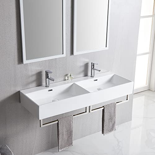 Eridanus Wall Mounted Bathroom Sink With 2 Basins, Wall Hung Vessel Sink With Overflow, Including Towel Racks And Pop-Up Drains, White, 47-7/8 X 16-1/2 X 5-1/2 Inches #TOP15