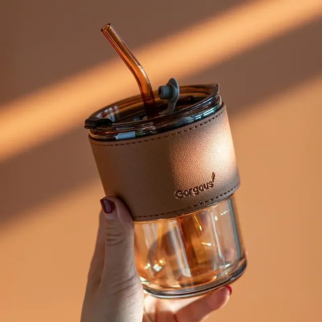 Image of Kamvy Glass Tumbler with Lids and Straw Pack of 1, Elegant Coffee Sipper Bottle with Leather Sleeve,Glass Drinking Cup Mason for Iced Tea, Juice, Cocktail, Cold & Hot Drinks Mug 450ml (Amber)