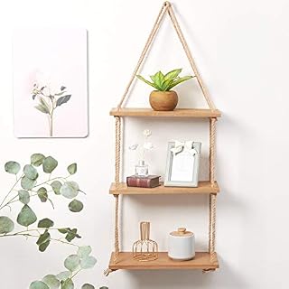 SAND MINE 3 Tier Wood Hanging Shelf, Floating Wall Swing Storage Shelves, Jute