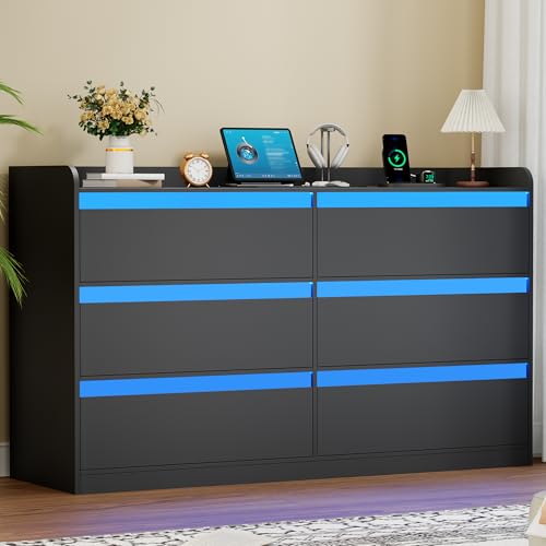 YUNSCEND Black Dresser with Power Outlet and LED Lights Modern 6 Drawer Dresser for Bedroom 47.2 Long Chest Of Drawer Deep Drawer Dressers TV Stand for Living Room Closet Hallway Entryway UXKCG006B