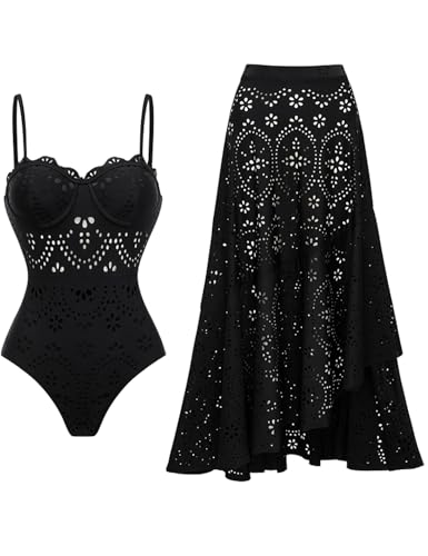 FLAXMAKER Black One Piece Adjustable/Removeble Strapes Hollow Push-up Swimsuit and Skirt (US Alpha Large Regular Regular Black Swimsuit and Skirt)
