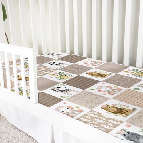 Image of Baby African Safari Animals Crib Sheets 52''x28'' Lion Elephant Giraffe Hippo Zebra Floral Leaves Stretchy Fitted Crib Mattress Cover for Boy Girl Soft Baby Sheets for Standard Crib Toddler Mattress