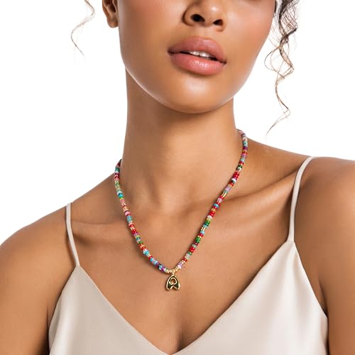 YOUFENG Initial Letter Necklaces for Women Colorful Beaded Gemstone Choker 14K Gold Bubble Letter Pendant Necklace Natural Stone Handmade Jewelry Gift4