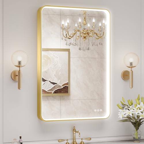 Oerbasz LED Mirror for Bathroom 24X36 Inch Gold Framed with Anti-Fog, Stepless Dimmable, Front Lit, LED Bathroom Vanity Mirror for Wall, Memory Function, Shatter-Proof