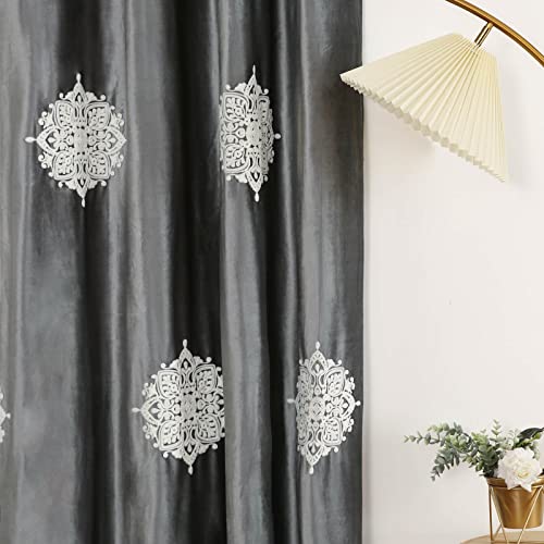 Vogol Grey Velvet Curtains For Sliding Door, 2 Panels 80% Blackout Solid Window Treatments, White Flower Pattern Thermal Insulated Grommet Drapes For Cafe, 60 X 106 Inch (Tieback Include) #TOP4