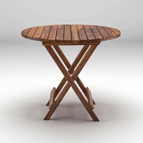 Image of WELL KNOWN Patio Foldable Coffee /Tea Center Table, Outdoor Wooden Round Portable Folding Picnic Camping, Dining Table for Balcony Living Room, Garden Bistro Side Table, Natural Brown Finish-Set of 2