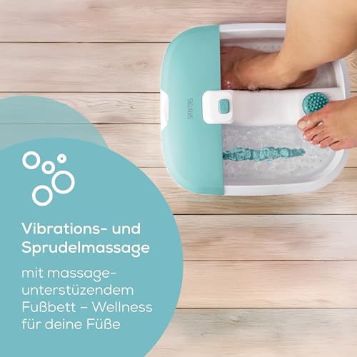 Sanitas SFB 07 Fußbad, Verwöhn-Massage für Zuhause mit Vibrations- & Sprudelmassage, Fußreflexzonenmassage, Wassertemperierung, zur Entspannung für strapazierte Füße, bis Schuhgröße 50