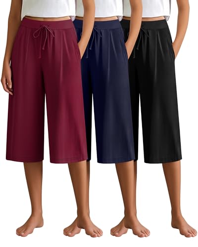 Locoowai 3 Pack Women's Capri Pants, Casual Wide Leg Yoga