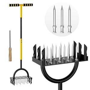 2-in-1 Lawn Aerator 43.3”,Aerator Lawn Tool with 18 Spikes,Manual Lawn Aerator Coring Tool,Yard Grass Plug Aerator for Lawn Aerating,Core Aerator with Cleaning Tool for Lawn Garden Care Compact Soil