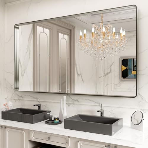 LOAAO 77X36 Inch Brushed Nickel Bathroom Mirror, Rounded Rectangle Silver Metal Frame Mirror, Brushed Nickel, Anti-Rust, Hangs Horizontally or Vertically