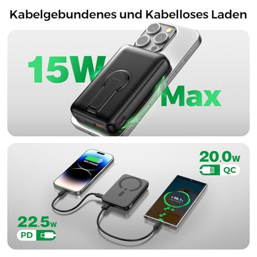 Powerbank für MagSafe, 12000mAh Externe Handyakkus mit Ständer, Schwarz – Ansicht 3