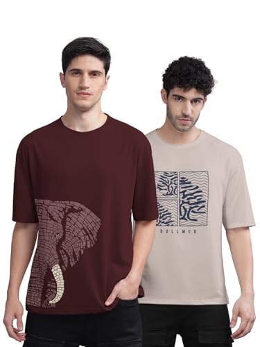 Image of BULLMER Trendy Front and Back Printed Oversized Round Neck T-Shirt for Men - Pack of 2