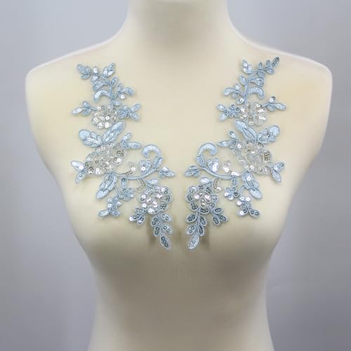 SUNMOVE Pair of Embroidery Sequin Lace Applique Sewing Flower Fabric Collar Patch Motif Wedding Gown Dress Bridal DIY Crafts （Sky Blue）