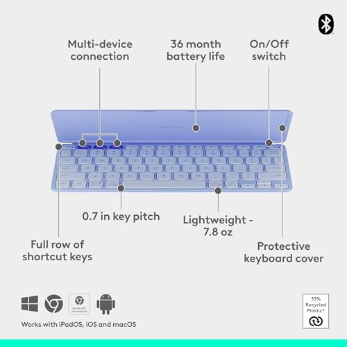 Image of Logitech Keys-to-GO 2 Portable Bluetooth Tablet Keyboard with Built-in Cover, Slim & Compact Wireless Keyboard for Windows, Android, Linux, iPad, iPhone, Mac, Apple TV - Lilac