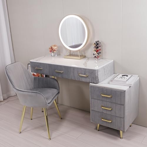 ドレッサー コンパクト お姫系 鏡台 化粧台収納 ベロア椅子 北欧風 オシャレ LEDミラー 化粧テーブル 収納付き セット J108 (100cmデスク+ベロア椅子+LEDミラー+チェスト(4点), グレー)