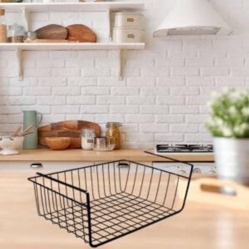 Image of Go Hooked 16 Inch Under Shelf Basket Black Powder Coated Iron for Maximum Storage Efficiency Optimize Your Space for Kitchen and Pantry Home and Office Set of 2