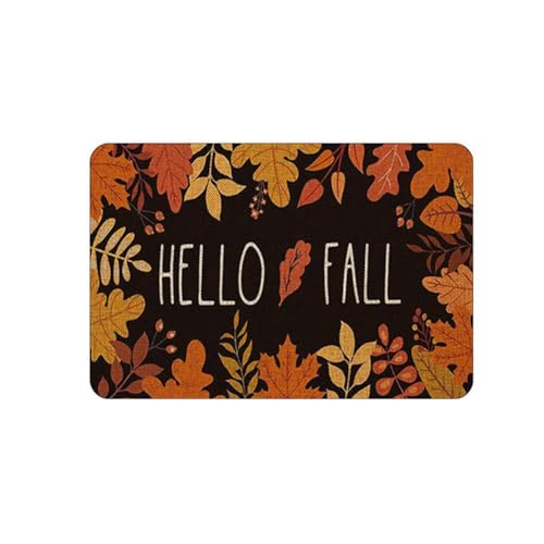 秋のテーマのドアマット。メープルリーフ、カボチャ、「Welcome」の文字など、さまざまな秋の模様。室内装飾用の滑り止めフロアマット。 Mat