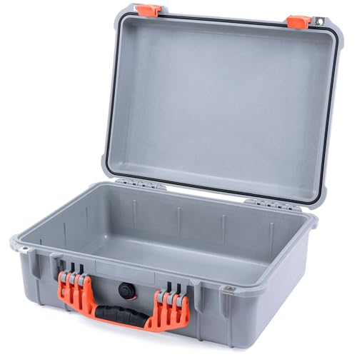 Pelican 1520 Case by ColorCase - Silver - Medium Size Waterproof Case (Case Only) - Orange Handles & Latches