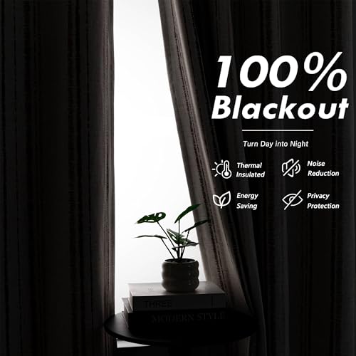 Image of MYSKY HOME Taupe Striped Curtains 63 Inches Long Full Blackout Tan Ticking Stripe Pinstripe Linen Blended Double Layer Curtains for Bedroom Farmhouse Drapes, Grommet, 2 Panels, 52 inch Wide