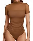 MANGOPOP Women's Mock Turtle Neck Short Sleeve Bodysuit Mesh Sheer Ruched Body Suit Sexy Going Out Summer Tops, Short Sleeve Coffee, XX-Large