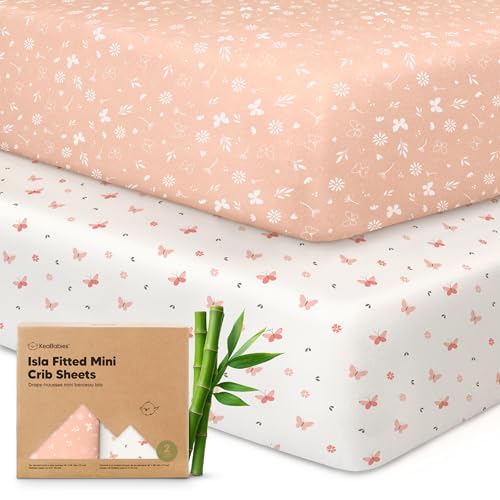 Image of Pack and Play Sheets Fitted - 2-Pack Mini Crib Sheets for Pack N Play Mattress 38x26, Soft & Cozy, Neutral Toddler Playard Bedding, Snug Fitted Mini Baby Crib Mattress Cover Boy, Girl (Butterflies)