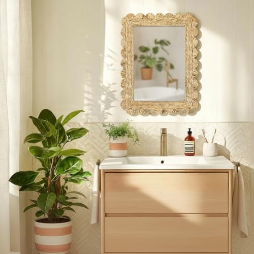 Image of 23 inch x 17 inch Scalloped Rattan Mirror Handwoven Water Hyacinth Wall Mirror Decorative Natural Water Hyacinth Wall Wavy Frame for Bathroom, Living Room, Entryway Decor