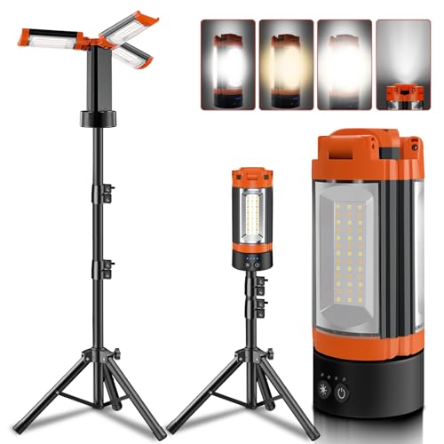 Rechargeable 12000mAh Camping Light with Adjustable Stand, Cordless Work Light with 3 LED Lamp Heads, 2200 Lumens Dimmable Magnetic Emergency Flashlight with Detachable Tripod, Orange by Rylpoint - Used condition - US$54.34