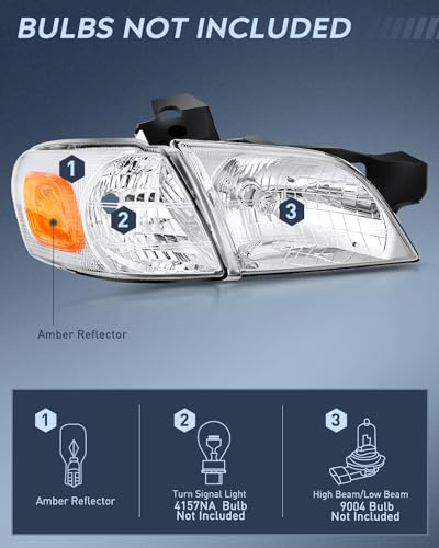 Image of Nilight Headlight Assembly Compatible with 1997 1998 1999 2000 2001 2002 2003 2004 2005 Chevy Venture Oldsmobile Silhouette 1997-1998 Pontiac Chrome Housing Amber Corner Clear Lens | For Venture 1997 1998 1999 2000 2001 2002 2003 2004 2005 Chrome Housing Amber Reflector Headlights Driver and Passenger Side